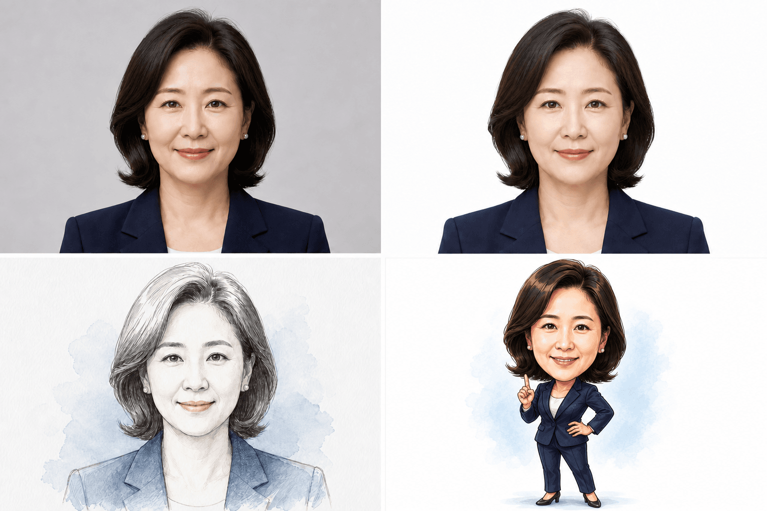 동일 인물로 만든 증명사진·여권사진·SNS 스케치·캐리커처 4컷 예시